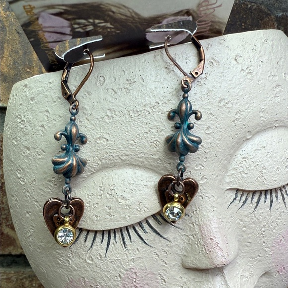 Vintage Style Blue and copper heart Dangle Earrings - Picture 1 of 5